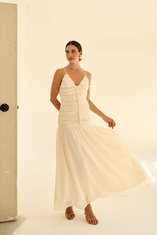 Vestido Longo Franzido com Saia Evasê
