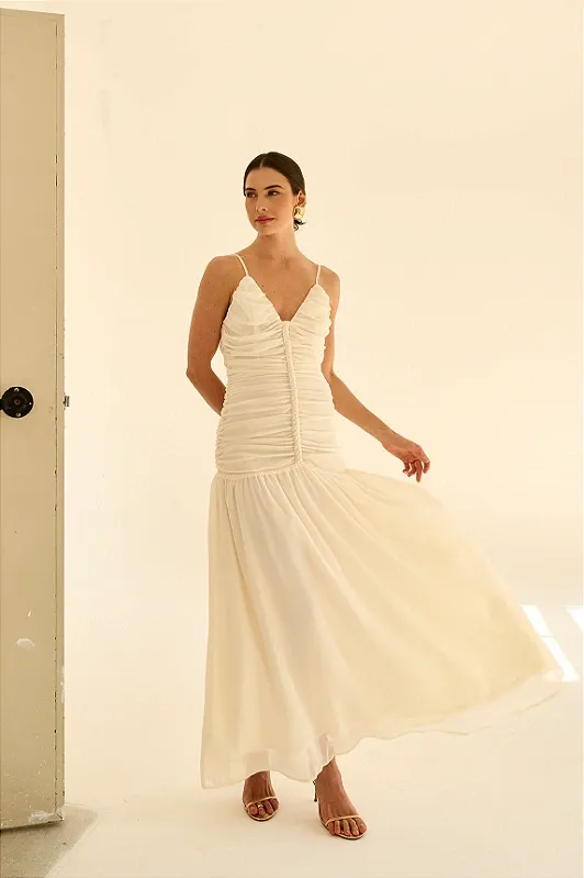 Vestido Longo Franzido com Saia Evasê